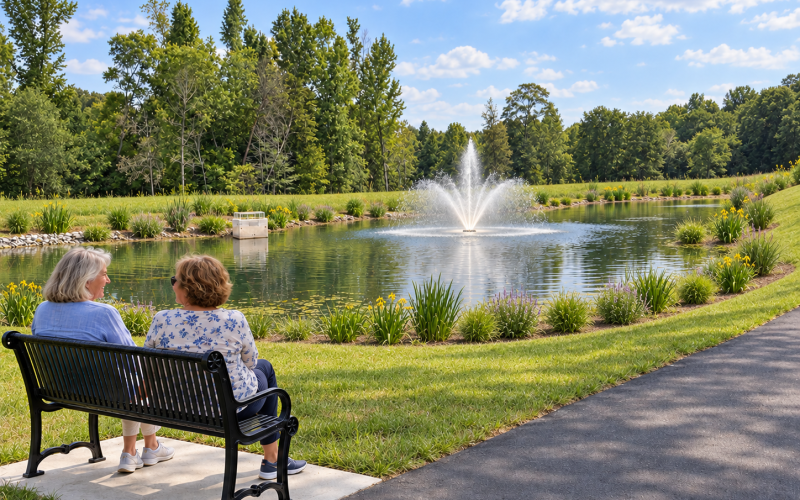 Two women sitting next to a fountain at River Rock at Dallas