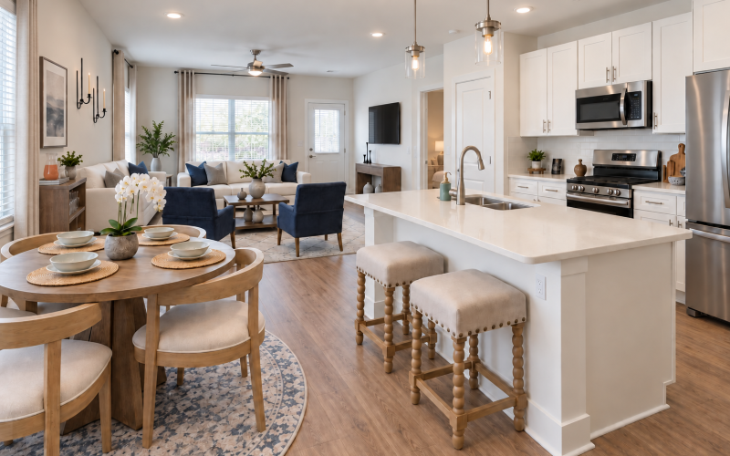 a kitchen with a white island