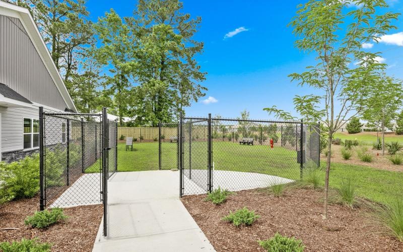 a fenced in yard with a gate and trees